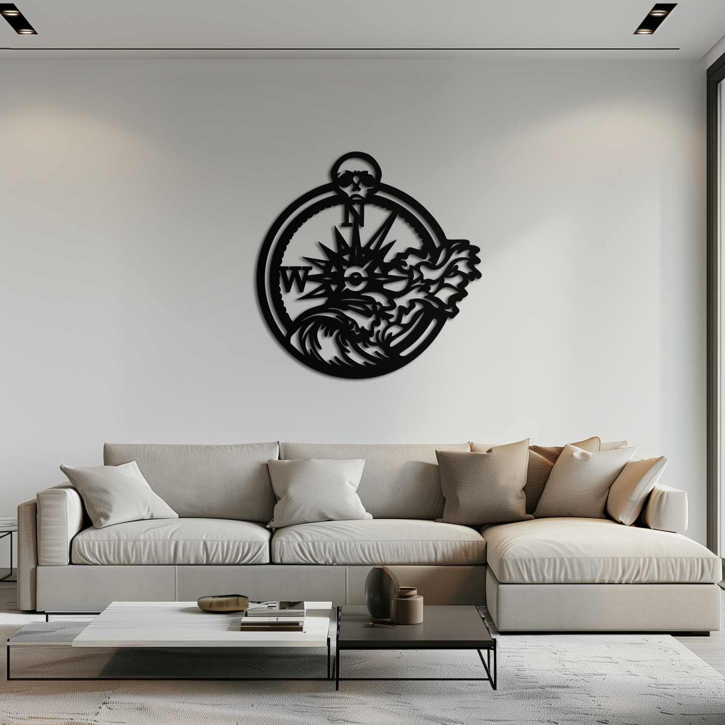 Nautical compass and ocean wave metal wall art with skull detail, matte black