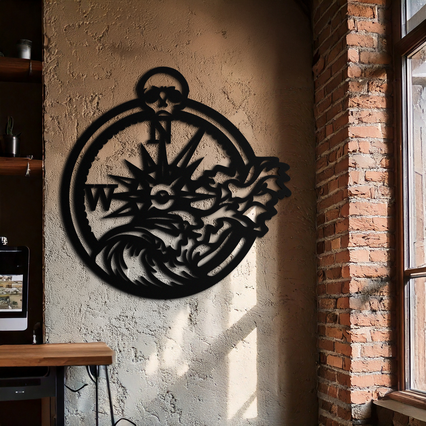 Nautical Compass and Ocean Wave Metal Wall Art