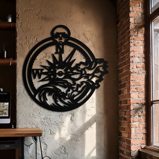 Nautical Compass Wave Metal Wall Art – Ocean Storm and Skull Design Decor- KAF704
