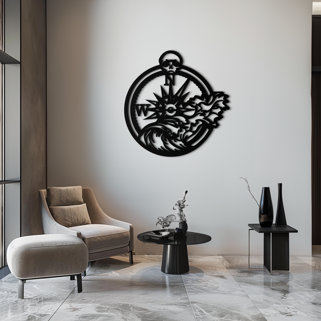 Nautical Compass and Ocean Wave Metal Wall Art