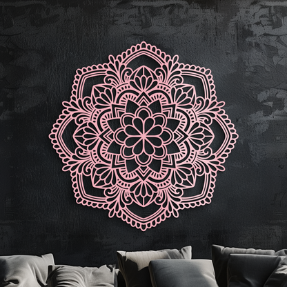 Pink mandala metal wall art with intricate bohemian cut-out design