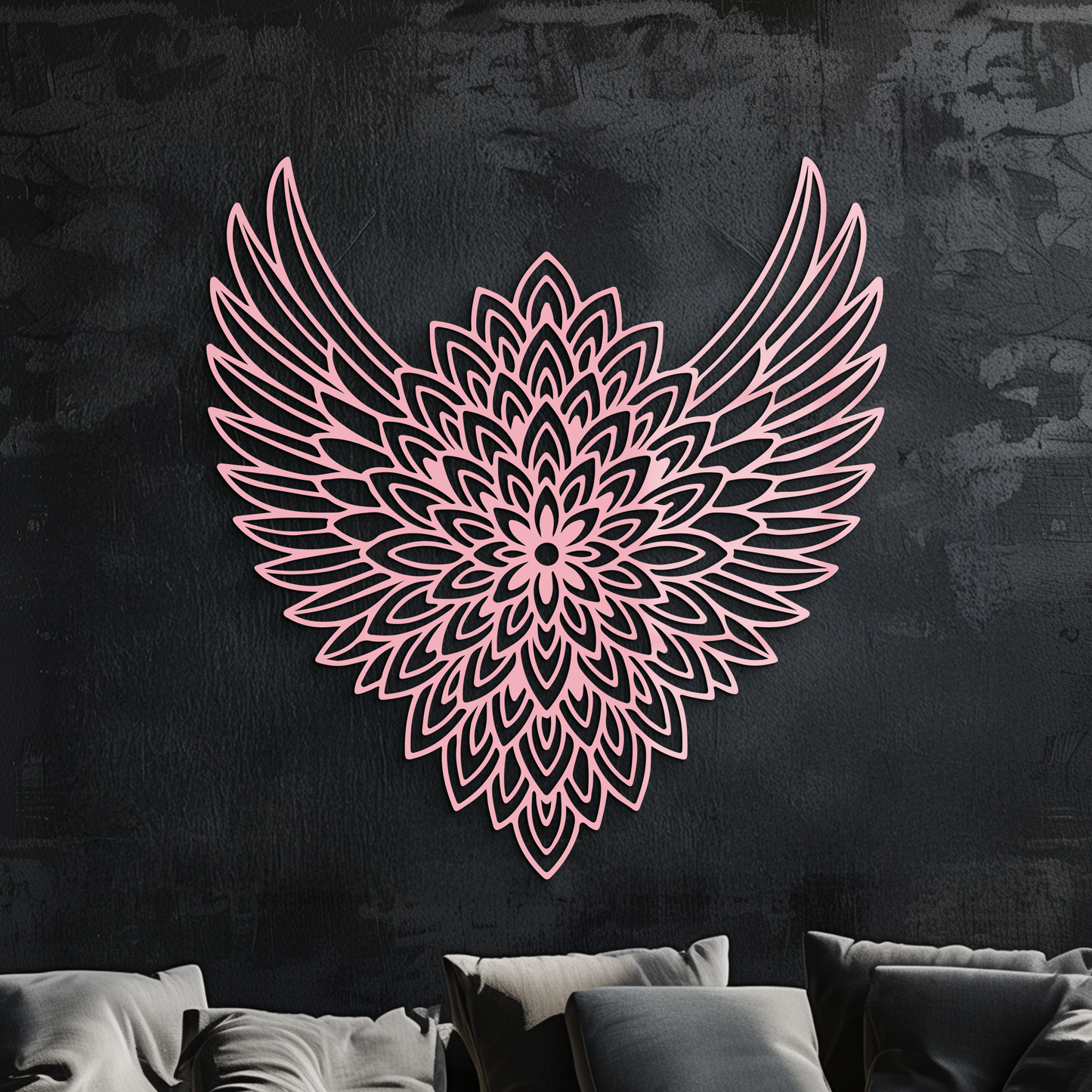 Winged mandala metal wall art, sacred geometry with outstretched wings