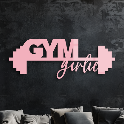 Gym Girlie barbell metal wall art with bold motivational lettering