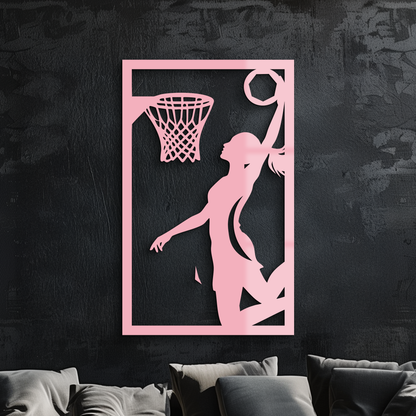 Basketball girl silhouette metal wall art in pink, female player mid-dunk