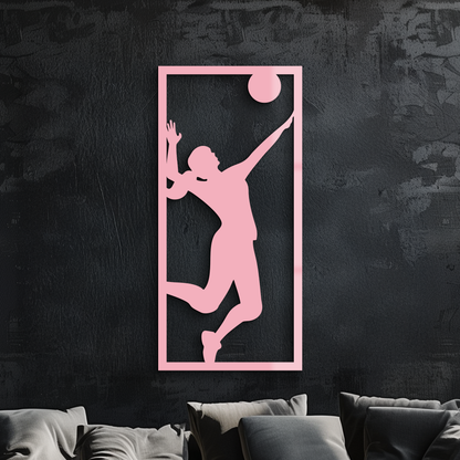 Volleyball player silhouette metal wall art in pink, athlete mid-jump
