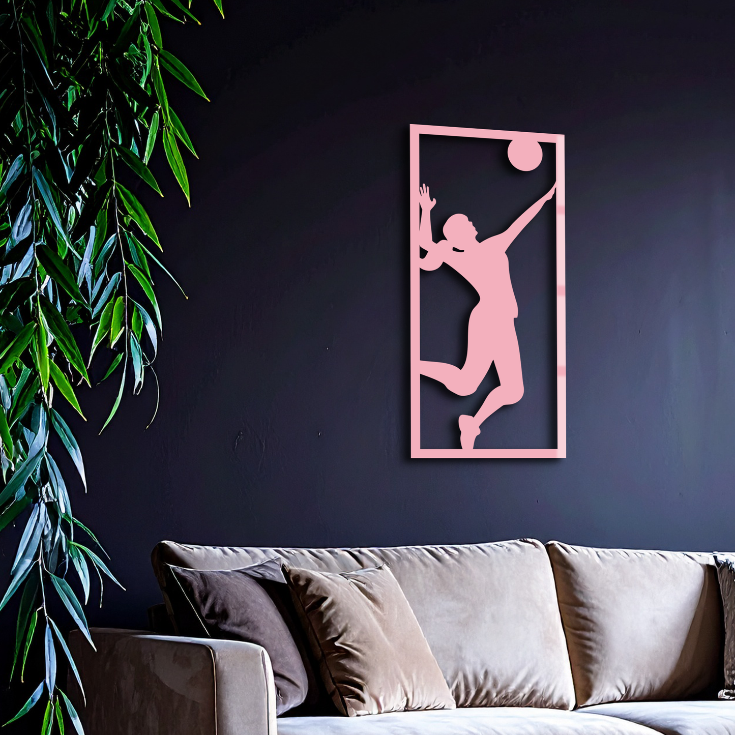 Volleyball Player Silhouette Metal Wall Art - Pink Modern Sports Décor - KAFGP186