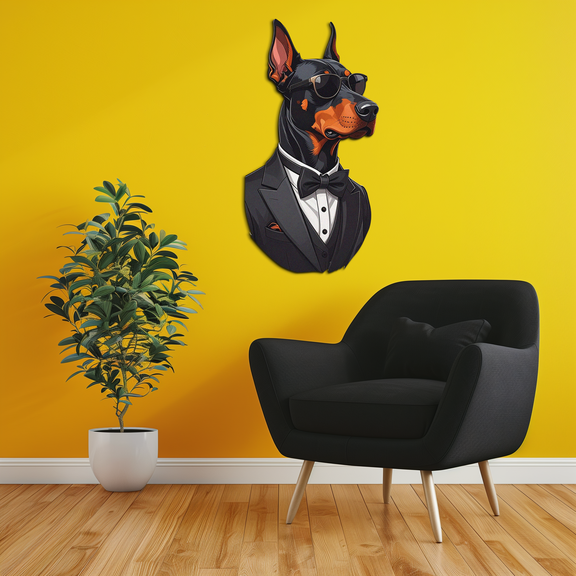 Gentleman Doberman metal wall art in a tuxedo
