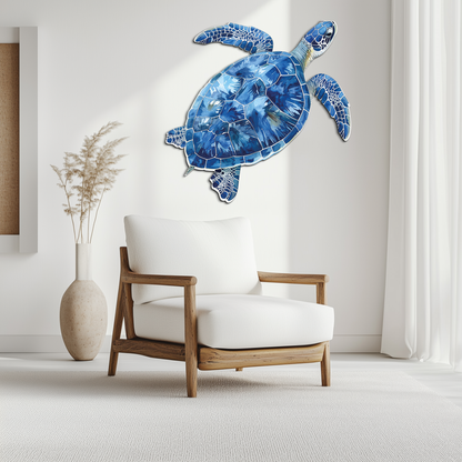 Blue Mosaic Sea Turtle Metal Wall Art - Coastal Ocean Decor
