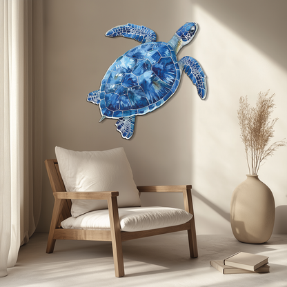 Blue Mosaic Sea Turtle Metal Wall Art - Coastal Ocean Decor