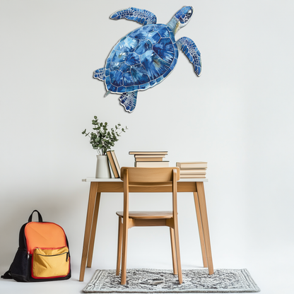 Blue Mosaic Sea Turtle Metal Wall Art - Coastal Ocean Decor