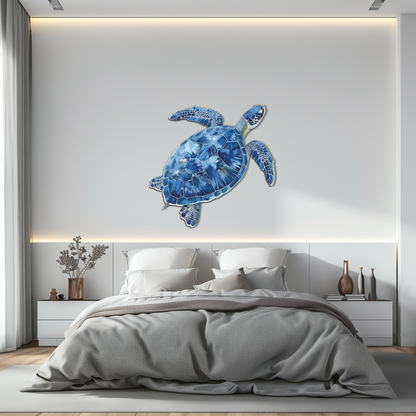Blue Mosaic Sea Turtle Metal Wall Art - Coastal Ocean Decor