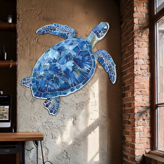 Blue Mosaic Sea Turtle Metal Wall Art - Coastal Ocean Decor