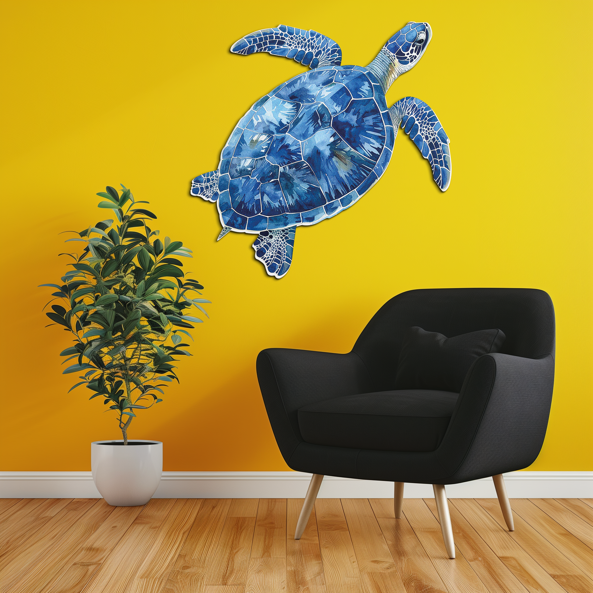 Blue mosaic sea turtle coastal metal wall art