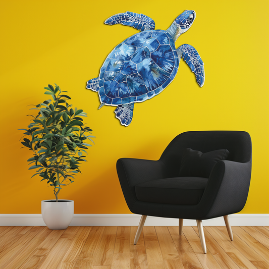 Blue mosaic sea turtle coastal metal wall art