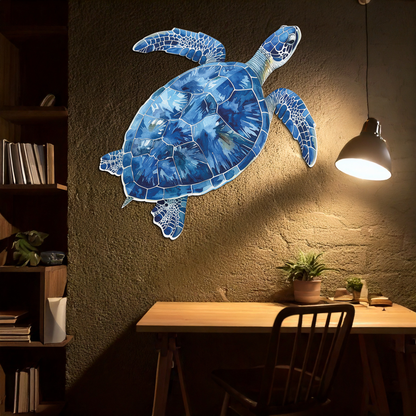Blue Mosaic Sea Turtle Metal Wall Art - Coastal Ocean Decor