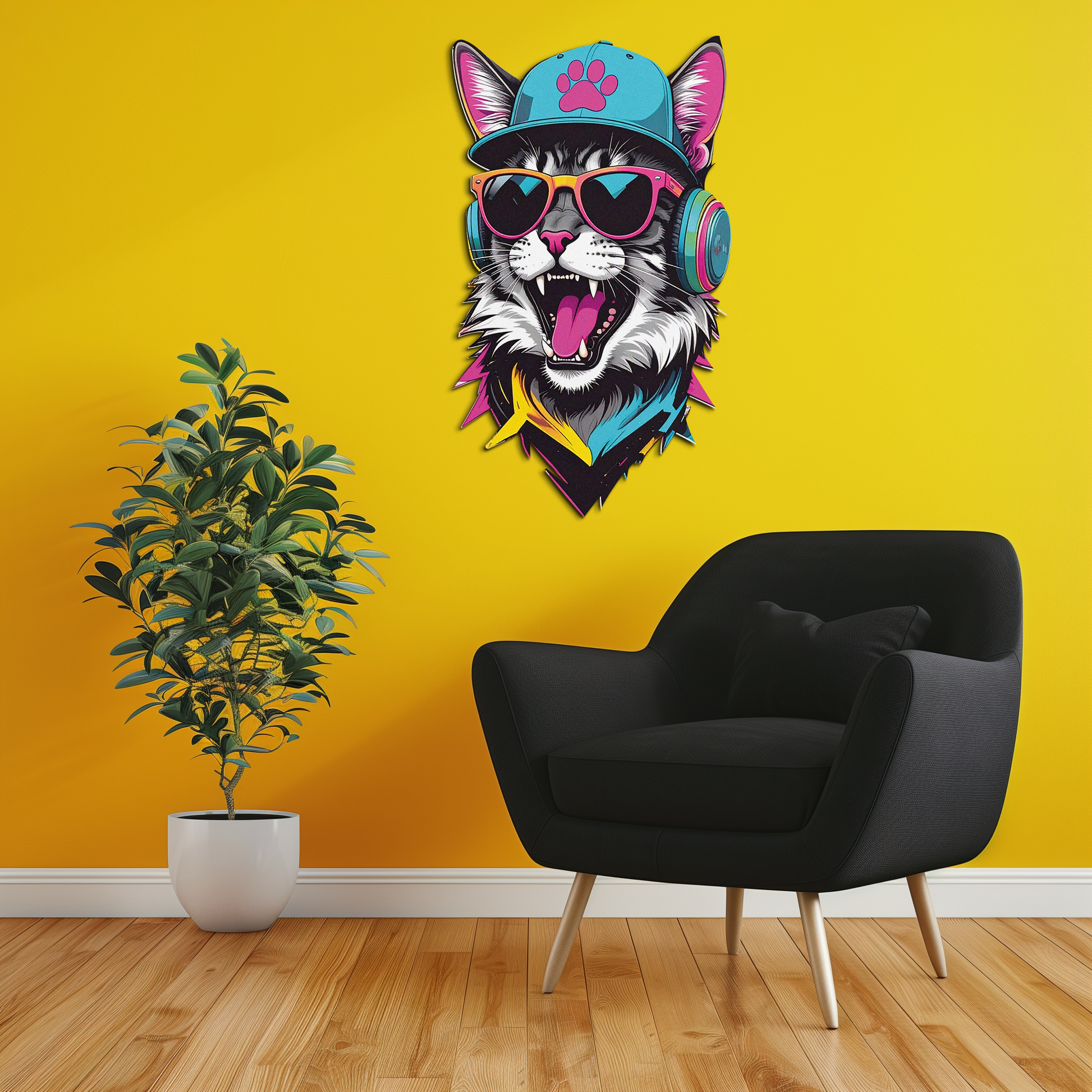 Cool cat DJ metal wall art with headphones