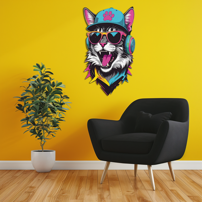 Cool cat DJ metal wall art with headphones