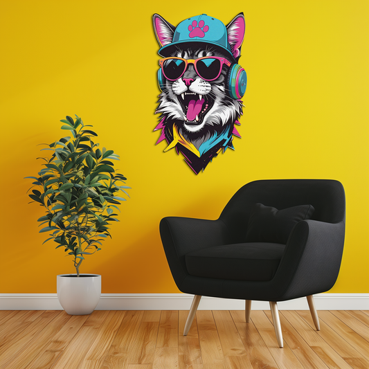 Cool cat DJ metal wall art with headphones