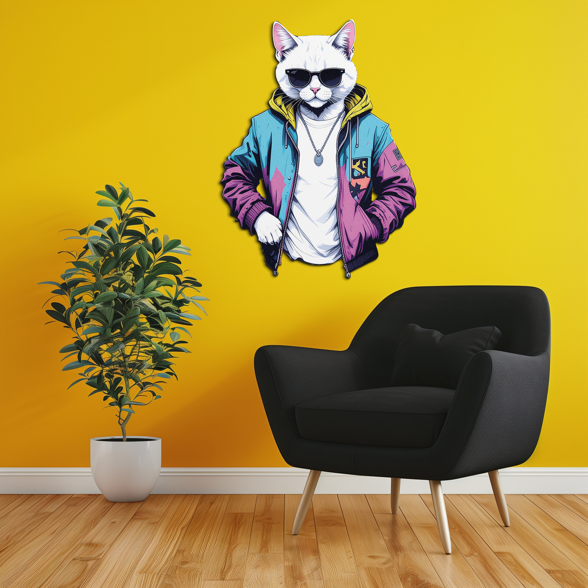 Street style cat metal wall art with shades and hoodie