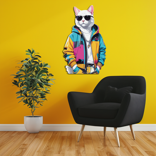 Cool cat metal wall art with shades and jacket