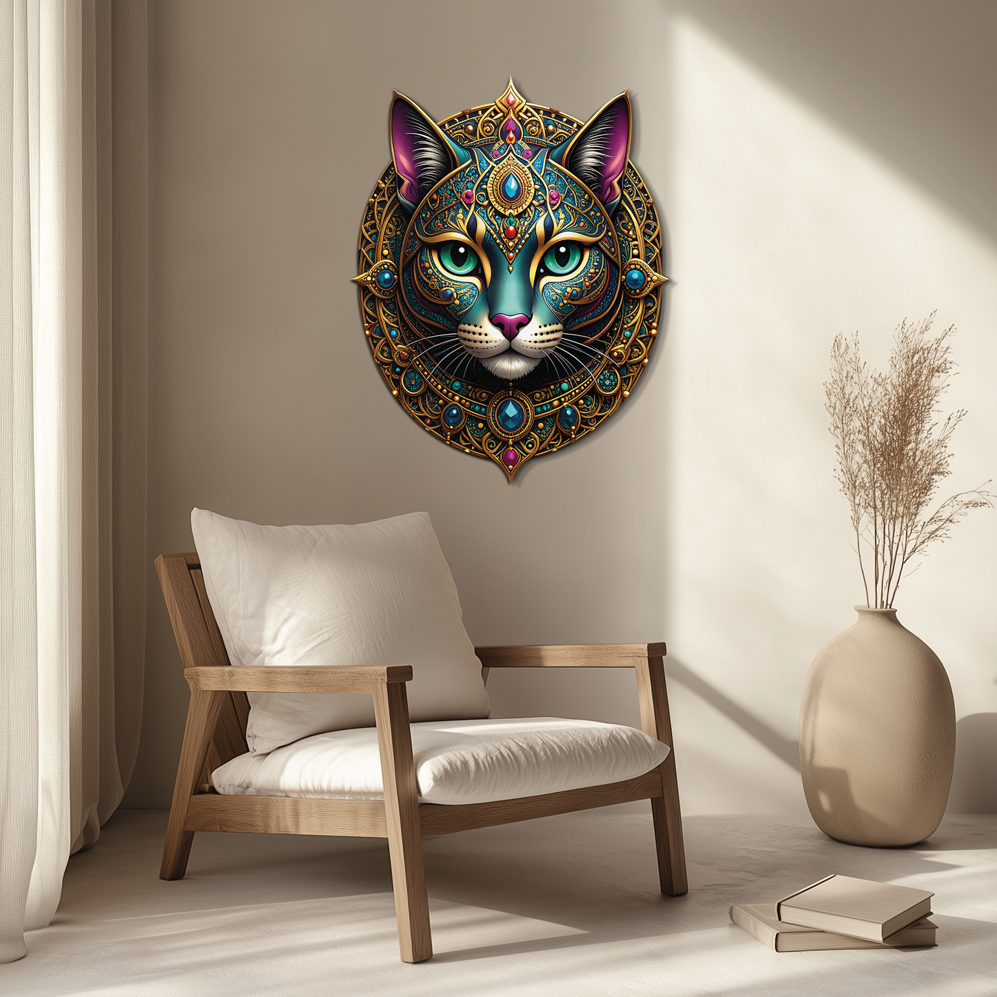 Mystic mandala cat metal wall art in boho colors
