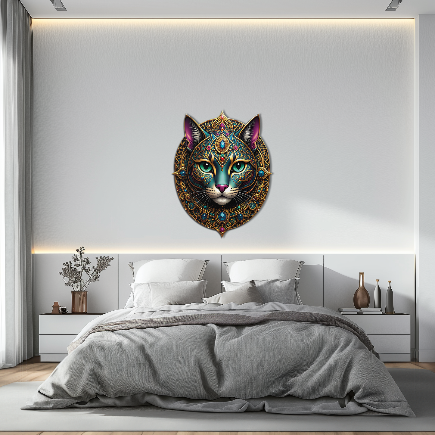 Mystic Mandala Cat Metal Wall Art - Boho Feline Decor