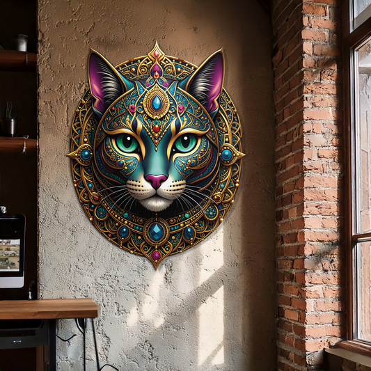 Mystic Mandala Cat Metal Wall Art - Boho Feline Decor