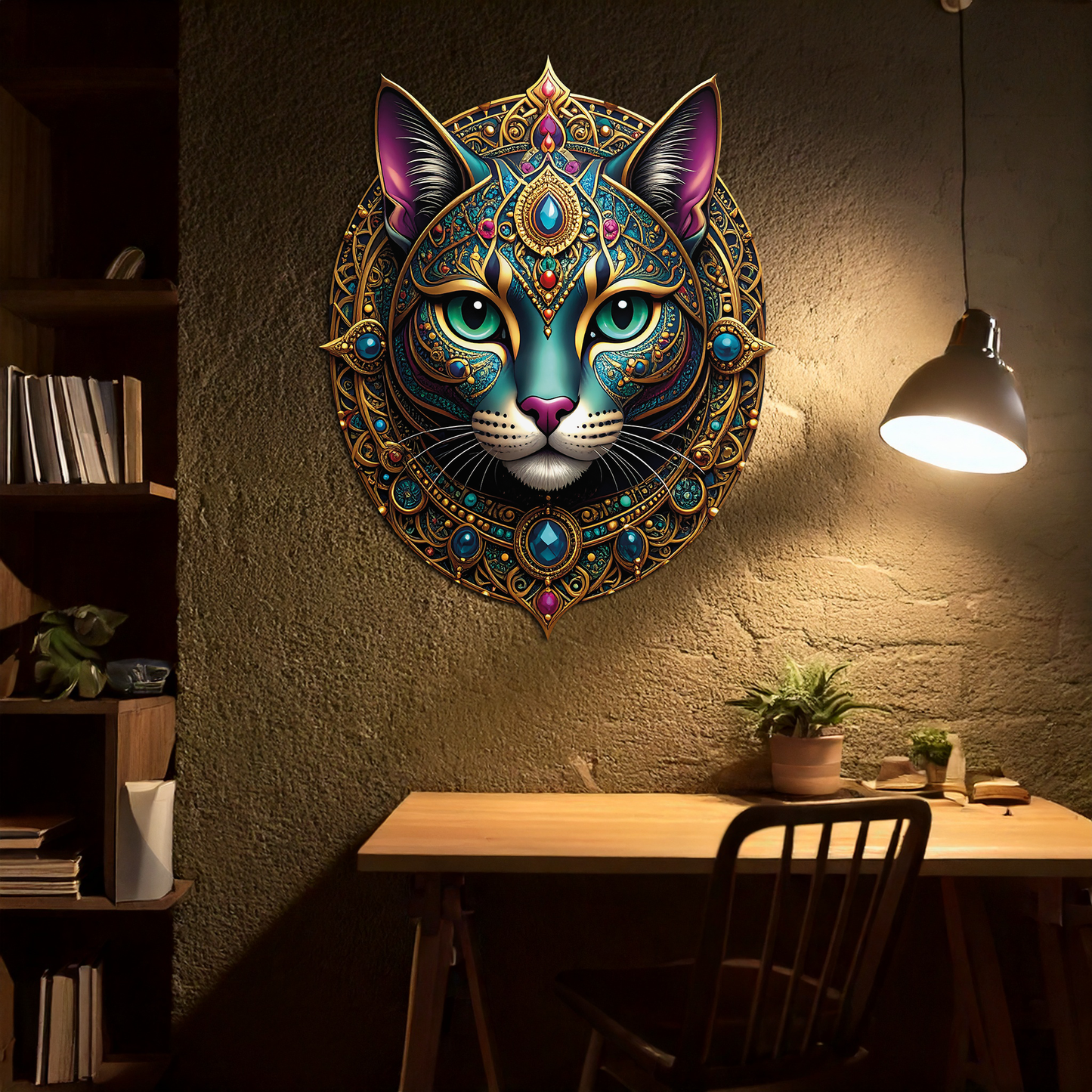 Mystic Mandala Cat Metal Wall Art - Boho Feline Decor