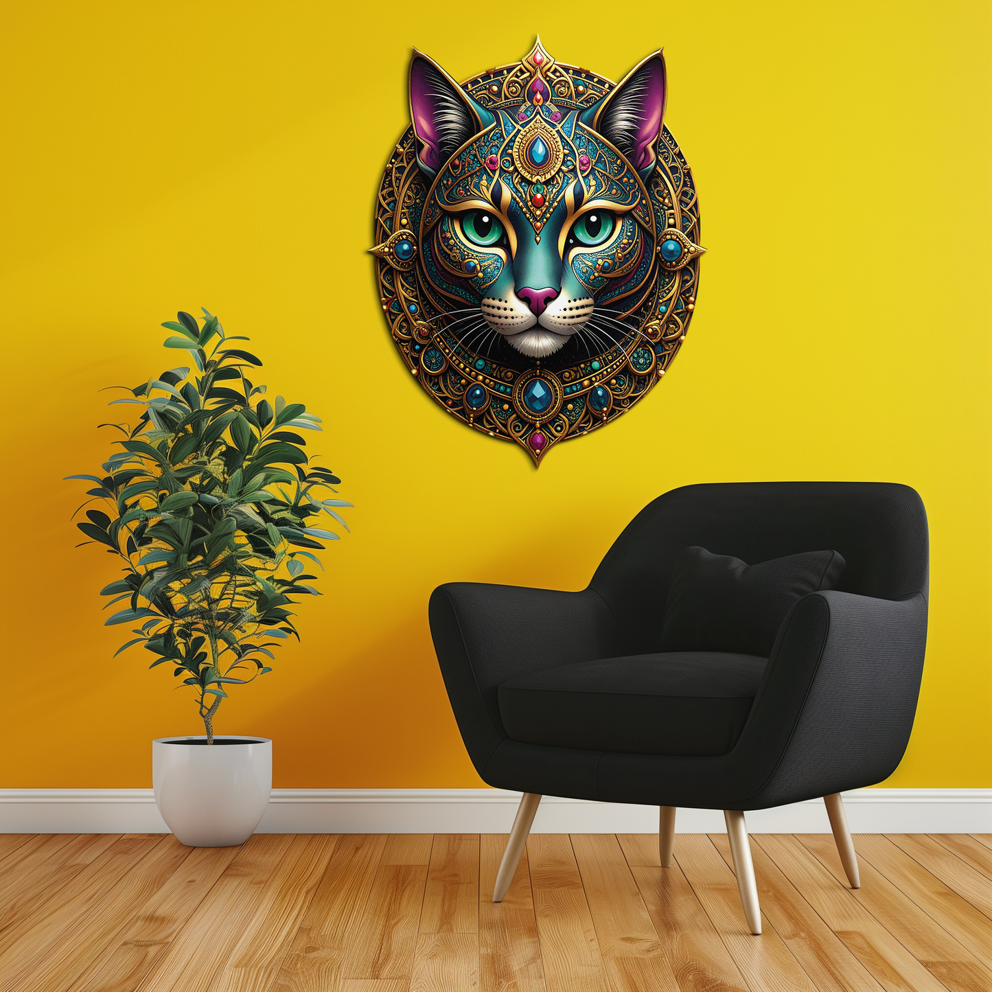 Mystic Mandala Cat Metal Wall Art - Boho Feline Decor