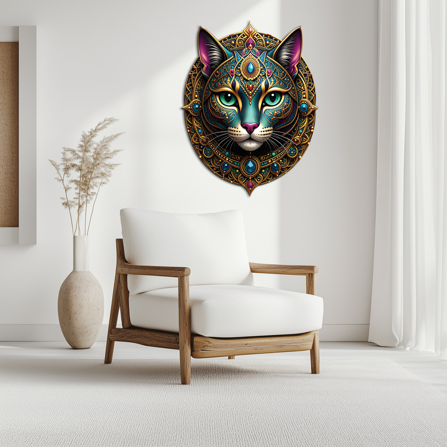 Mystic Mandala Cat Metal Wall Art - Boho Feline Decor