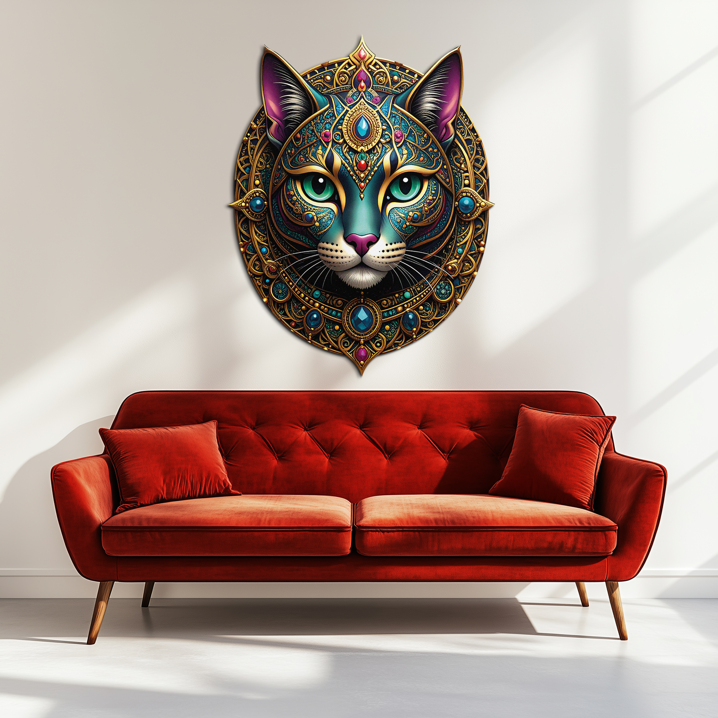 Mystic Mandala Cat Metal Wall Art - Boho Feline Decor