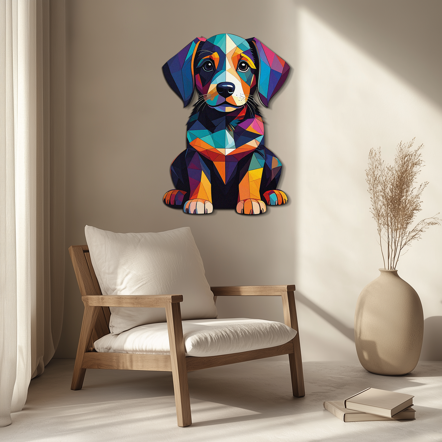 Colorful geometric dog metal wall art in bright tones