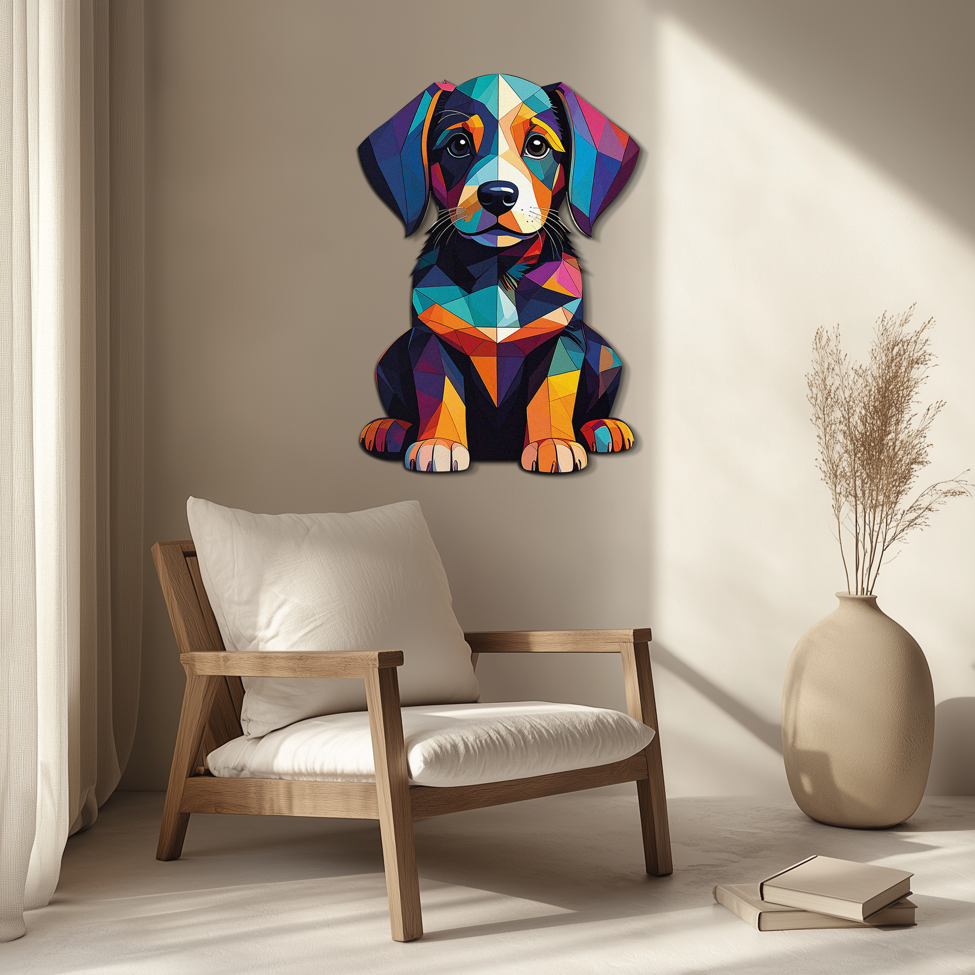 Colorful geometric dog metal wall art in bright tones
