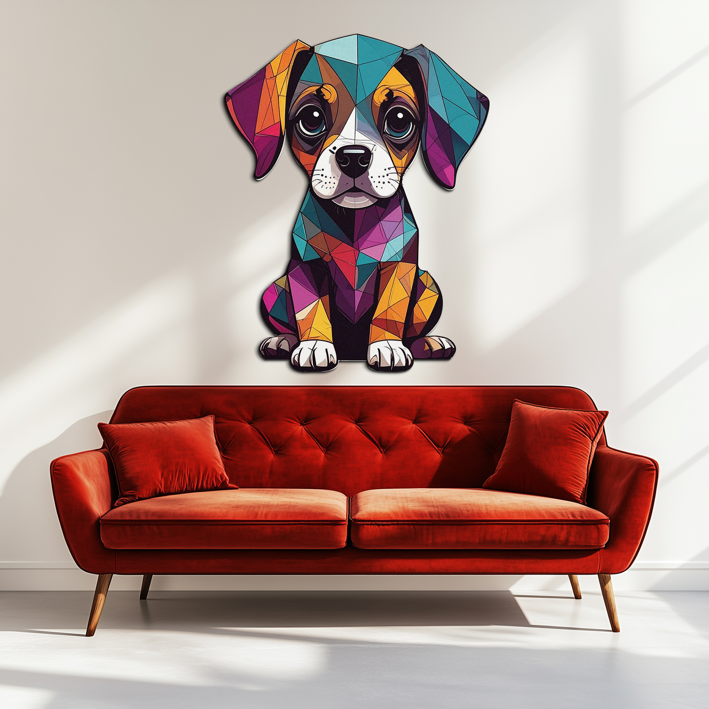 Geometric puppy metal wall art in pop colors