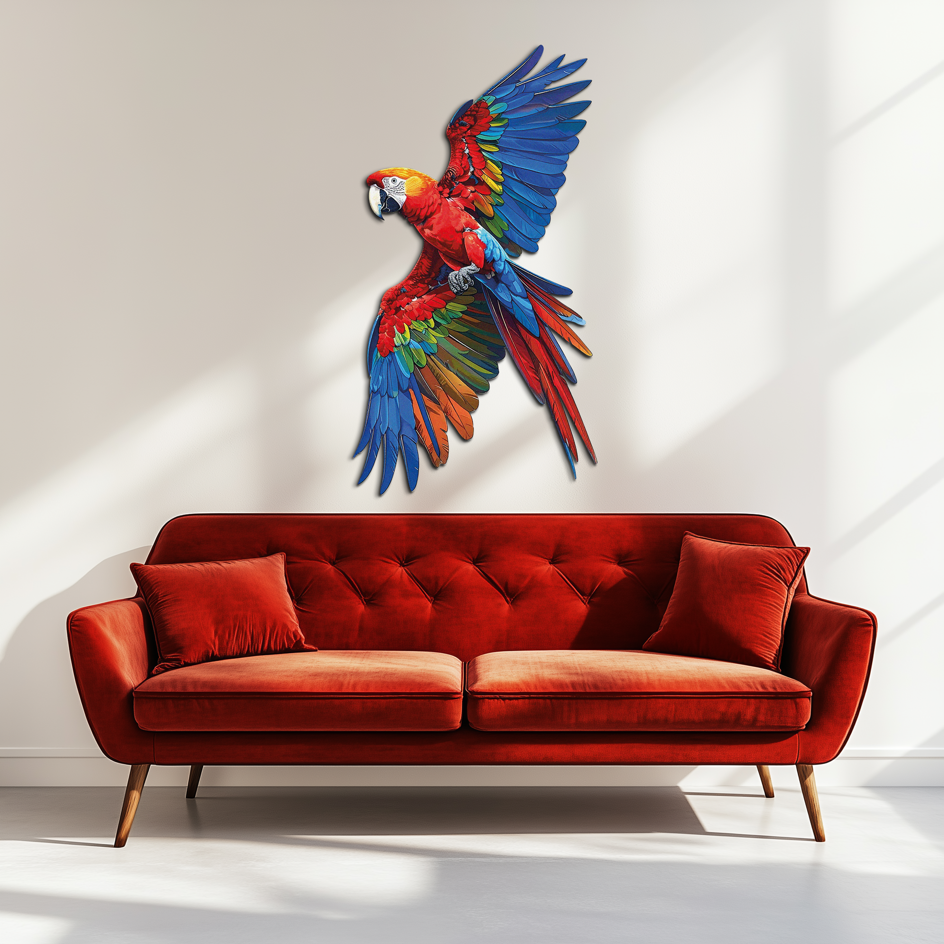 Colorful parrot tropical bird metal wall art in powder-coated steel
