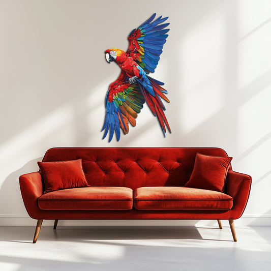 Colorful parrot tropical bird metal wall art in powder-coated steel