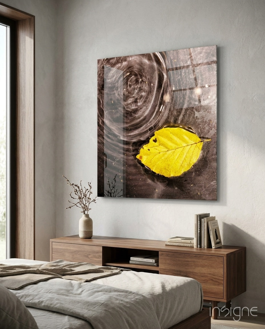 Yellow Leaf glass wall art hanging on wall