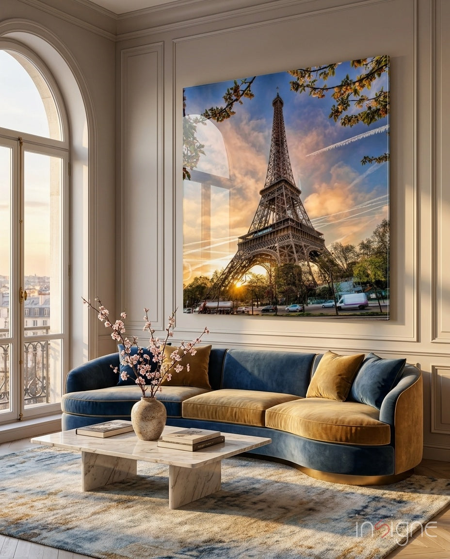 Eiffel Tower sunset glass wall art print