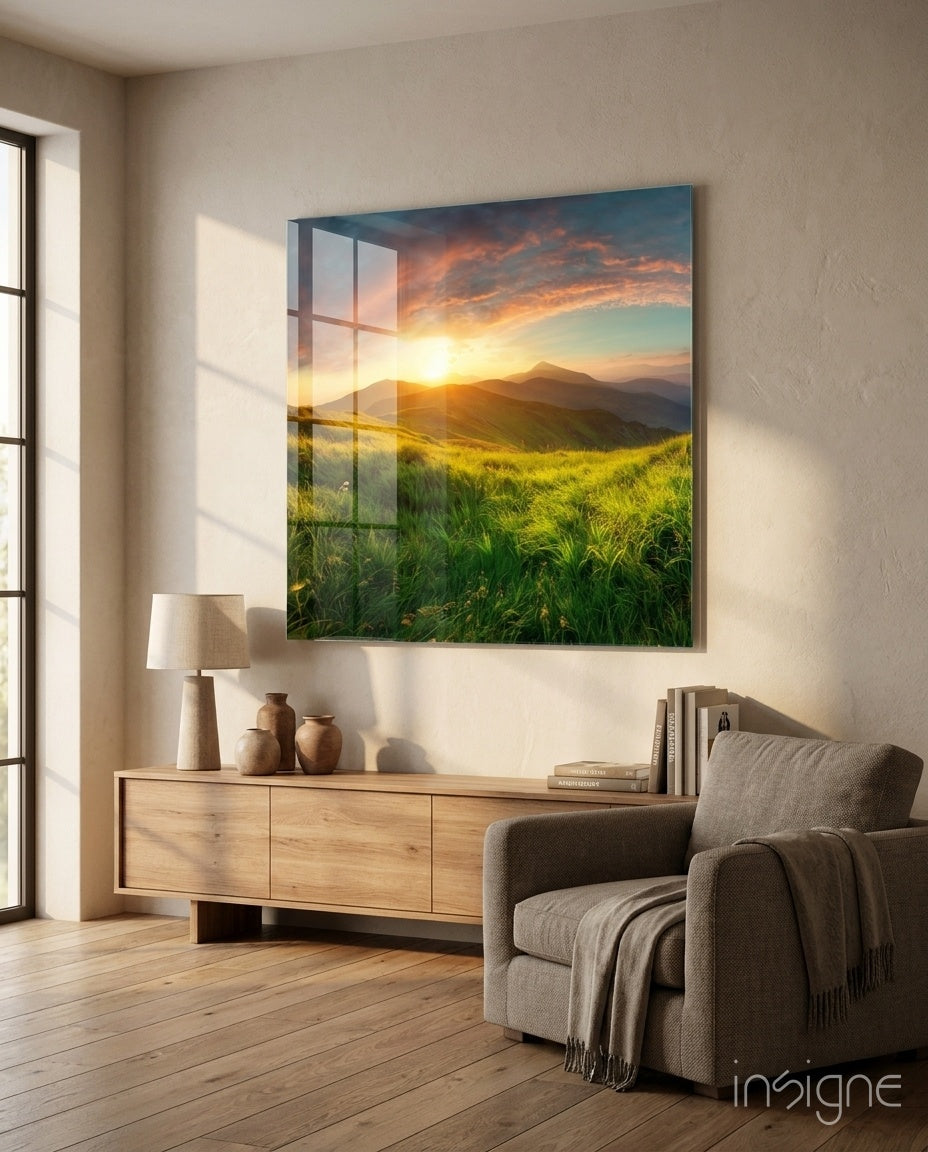 Square mountain landscape glass wall art