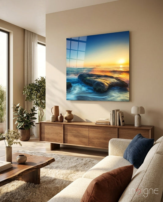 Sunset glass wall art in bold square format