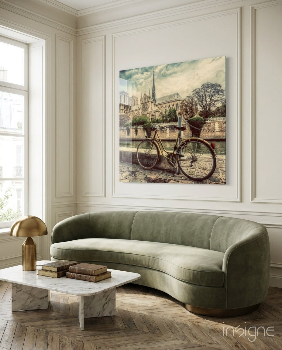 Classic bicycle glass wall art in vivid tones on high-gloss tempered glass