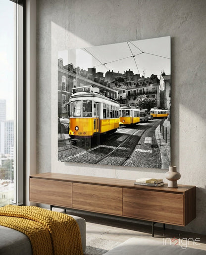 Lisbon yellow tram glass wall art