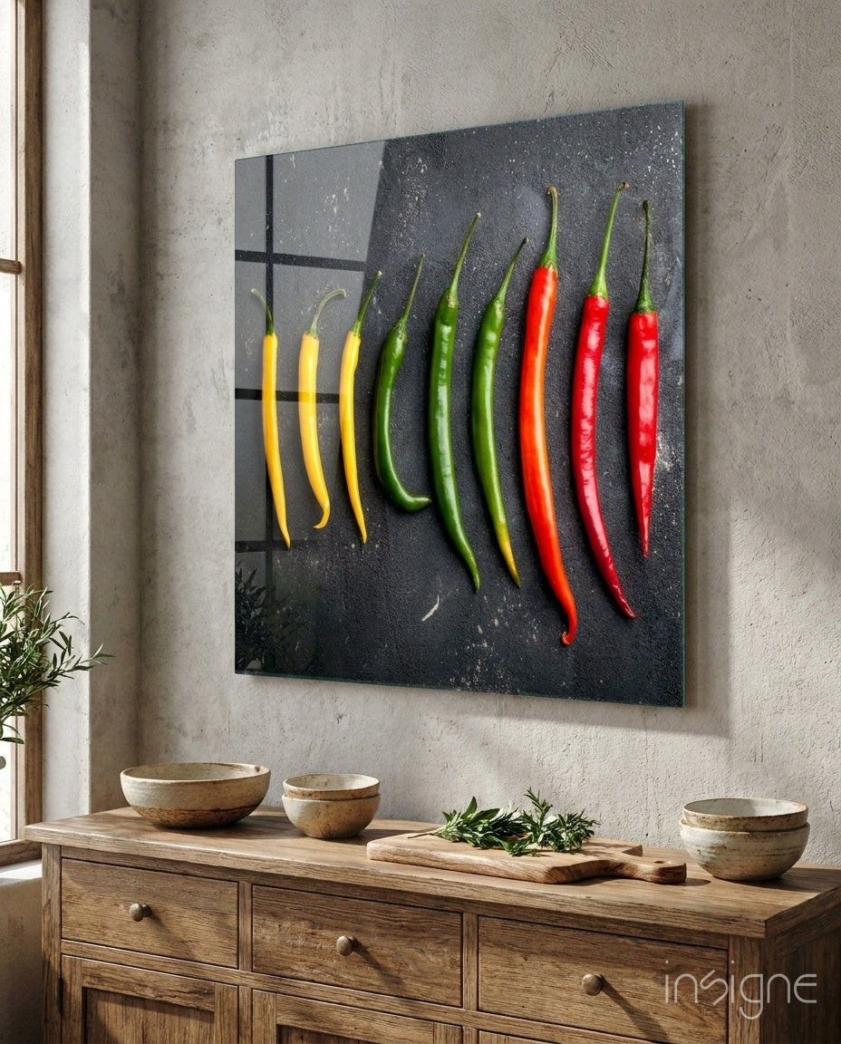 Colored Peppers still-life glass wall art