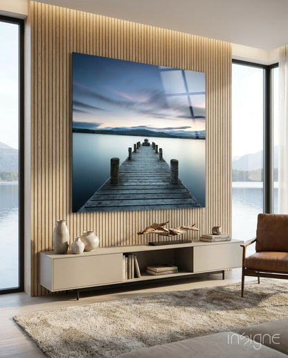 Blue lake wooden jetty glass wall art