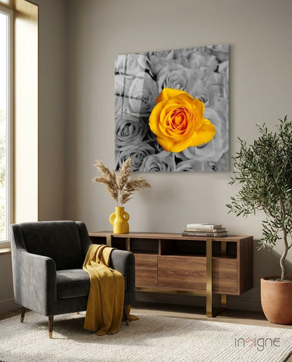 Yellow rose glass wall art botanical print