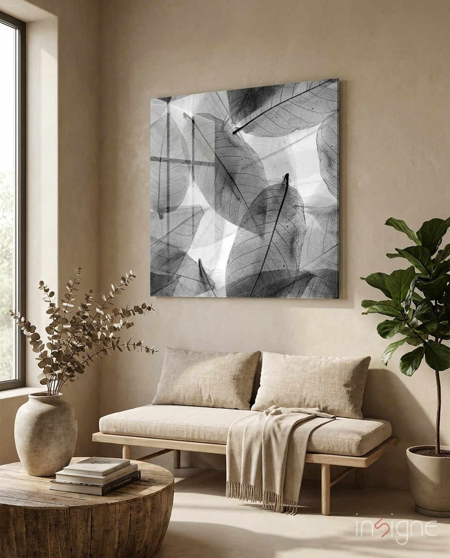 Black and white leaves glass wall art