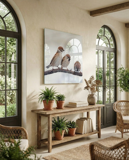 Birds in flight glass wall art - bird flock in motion, UV-resistant print on tempered glass