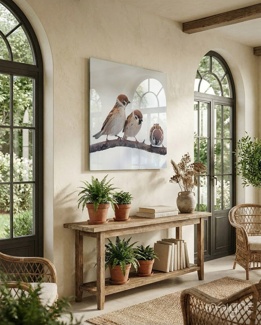 Birds in flight glass wall art - bird flock in motion, UV-resistant print on tempered glass