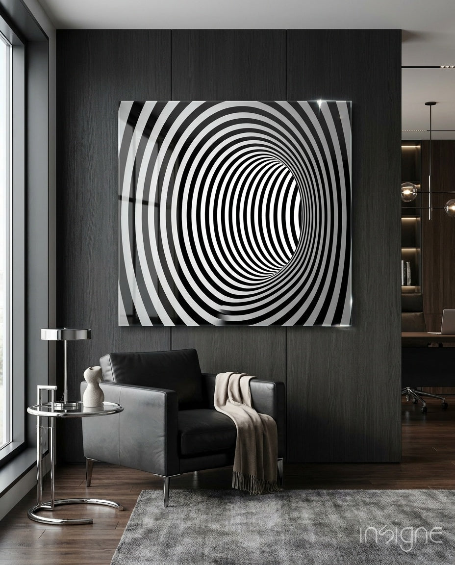 Tunnel Illusion glass wall art with striped monochrome optical design