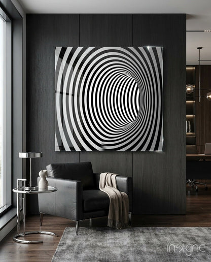 Tunnel Illusion glass wall art with striped monochrome optical design